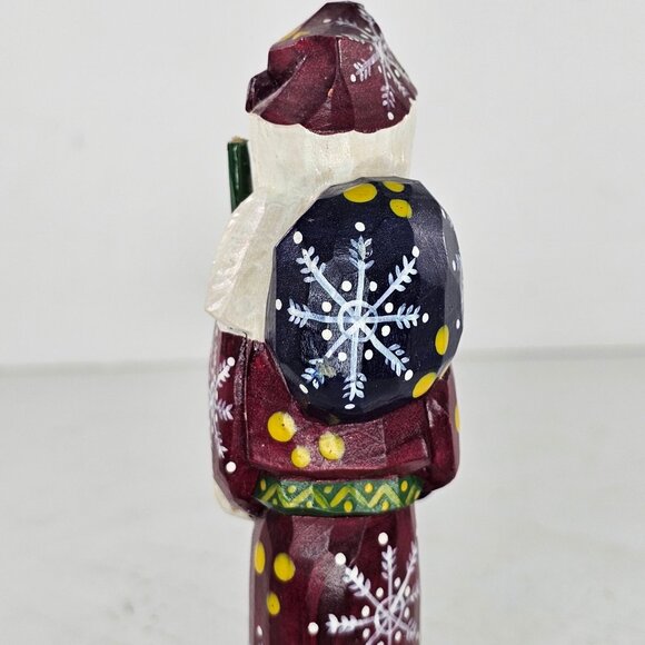 Hand Carved Russian Santa Figurine Red Green Snowflake...